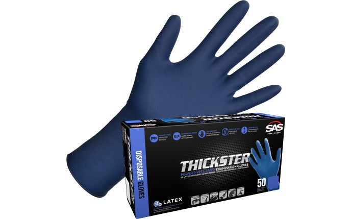 THICKSTER Latex Exam Grade Disposable Gloves, Blue, 14 mil, 50 Gloves per Box