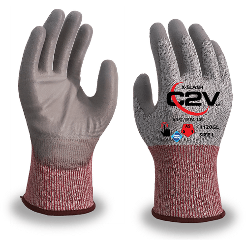 ANSI A5 X-Slash Cut Resistant Gloves, 13 Gauge HPPE/Glass/Steel Shell, Gray Polyurethane Coated Palm, Touchscreen - 1 Pair