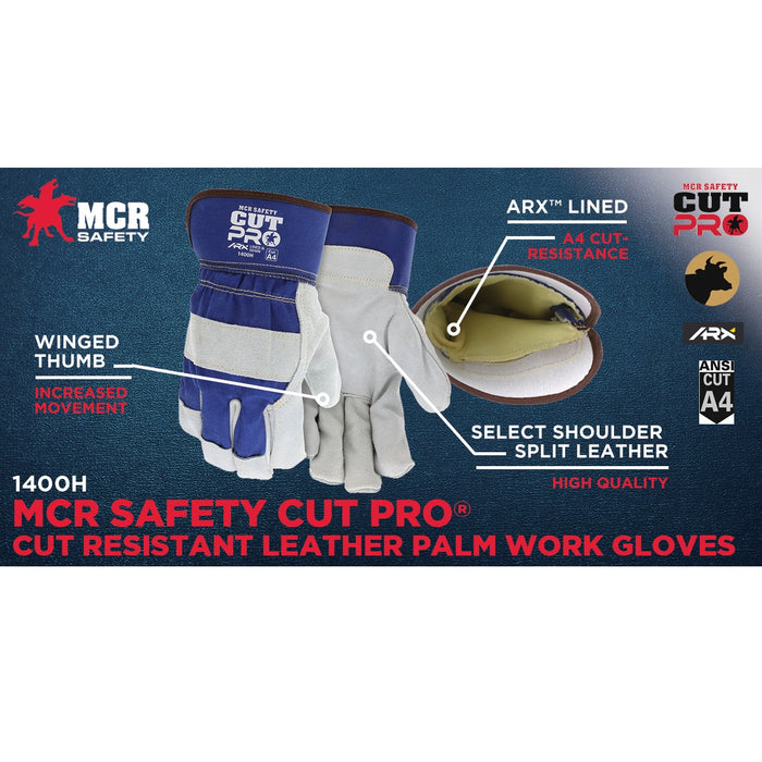 ANSI A4 Cut Pro / Cut Resistant Leather Palm Work Gloves - Select Shoulder Split Leather, 1400H, 1 Pair