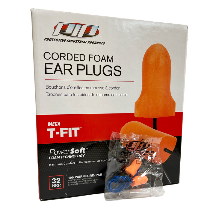 PIP Mega T-Fit T-Shape Disposable Soft Polyurethane Foam Ear Plugs, Corded - NRR 32 - 100 Pair/Box