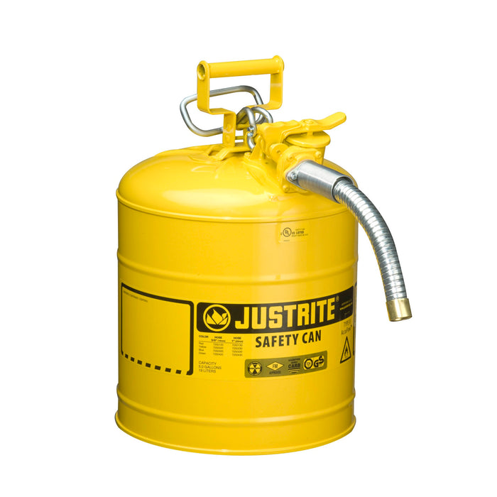 Justrite 7250230 Type II AccuFlow Steel Safety Can for Flammables, Diesel, 5 Gallon, 1-Inch Metal Hose, Yellow