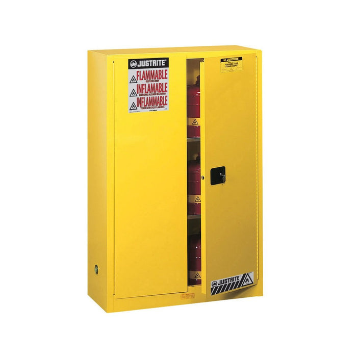 Justrite Flammable Safety Cabinet, 45 gallon, 2 Manual-Close Doors, Yellow