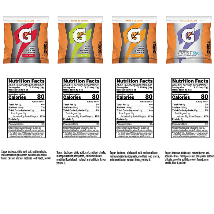 Gatorade 2.5 Gallon Variety Case 09344  - 4 Flavors (Lemon-Lime, Orange, Fruit Punch, Riptide Rush) 8 Packs/Flavor (32 Packs Total) Case Yields 80 Gallons