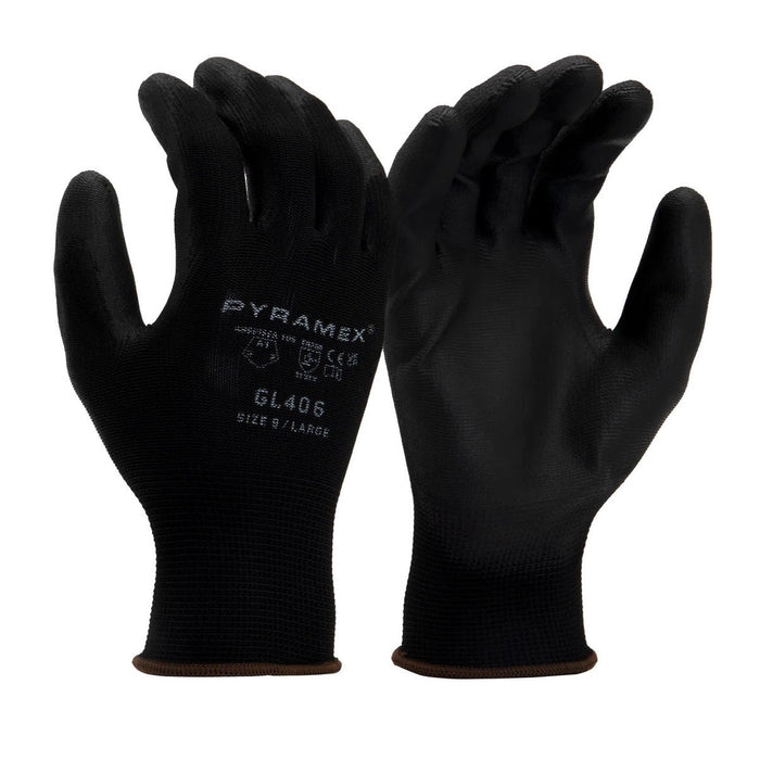 Pyramex Black PU Polyurethane Coated Work Gloves, 13 Gauge, GL406 (12 Pair)