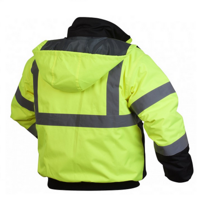 Pyramex RJ32 Series Bomber Jacket, Hi-Vis Lime with 2" Silver Reflective Striping, Insulated, ANSI Type R Class 3