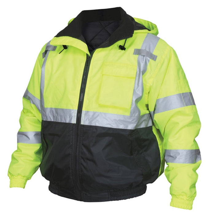 Two Tone Safety Bomber Jacket, Class 3, Quilted Rain Jacket, Fluorescent Lime/Black with Silver Reflective Stripes