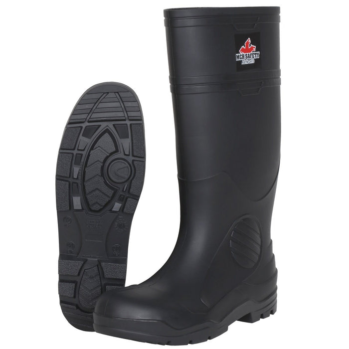 Black 16 Inch Waterproof PVC Work Boots with Steel Toe, Cleated Sole and Polyester Interior Lining - Over the Sock Style, VBS120