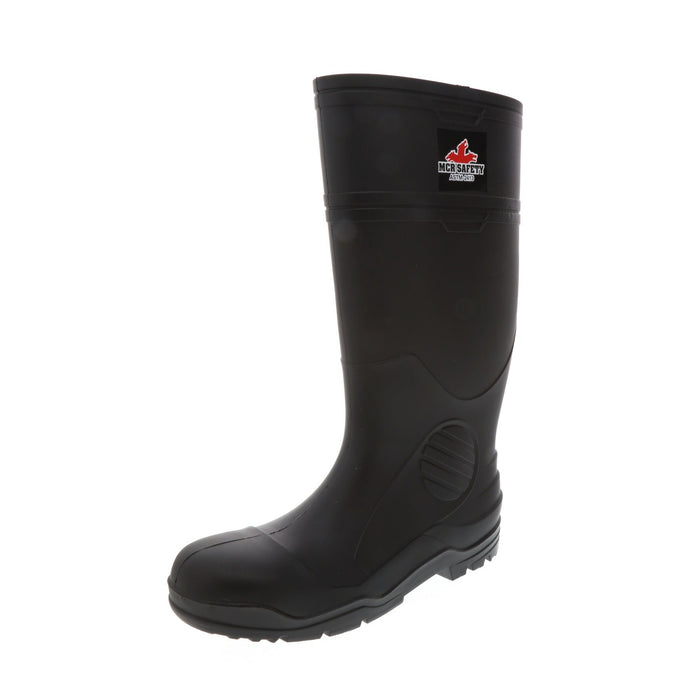 Black 16 Inch Waterproof PVC Work Boots with Steel Toe, Cleated Sole and Polyester Interior Lining - Over the Sock Style, VBS120