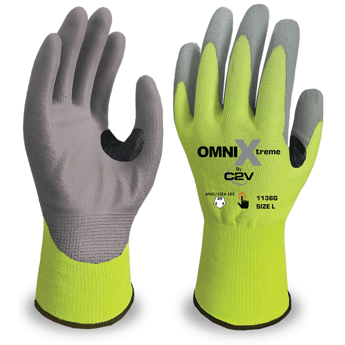 ANSI A9 Omni Xtreme Cut Resistant Gloves, 18 Gauge Engineered HPPE Shell, Gray Polyurethane Coated Palm, Touchscreen - 1 Pair