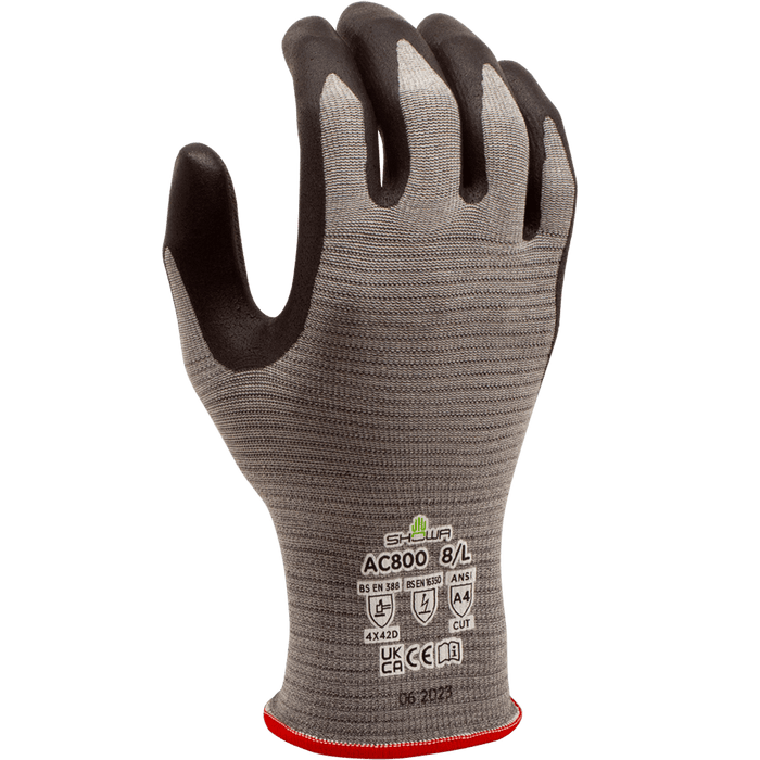Showa AC800 ANSI A4 Cut Resistant Glove, Microporous Nitrile Coating, 18 Gauge HPPE Anti-Static Conductive Yarn Liner