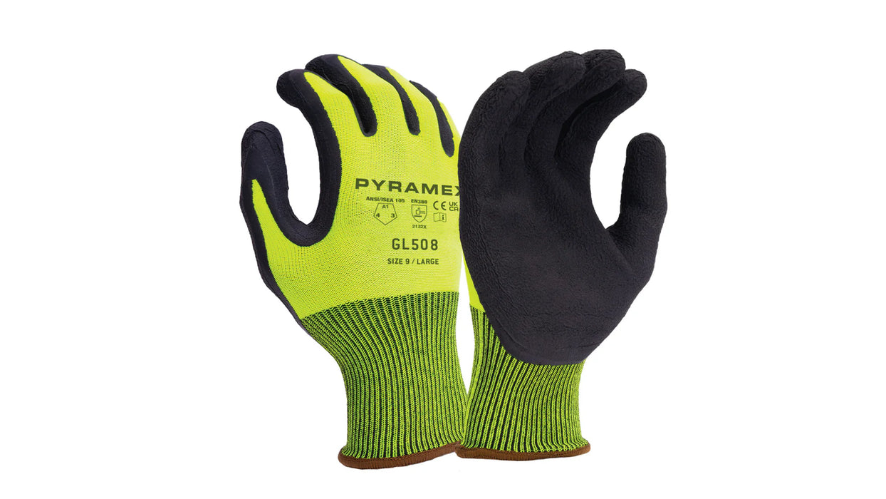 Pyramex Foam Latex Dipped Work Gloves, Hi-Vis Lime GL508 (12 Pair)