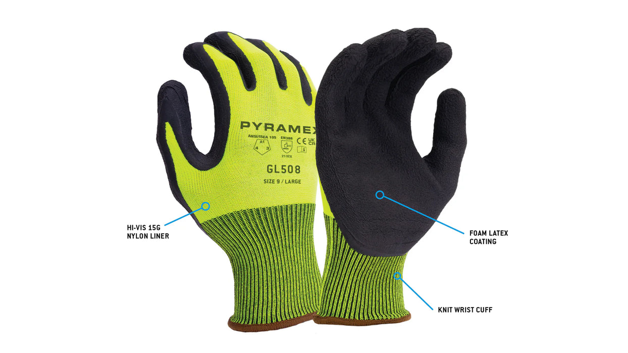 Pyramex Foam Latex Dipped Work Gloves, Hi-Vis Lime GL508 (12 Pair)