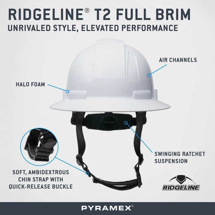Pyramex Ridgeline T2 Full Brim Hard Hat, Vented, w/o Mips