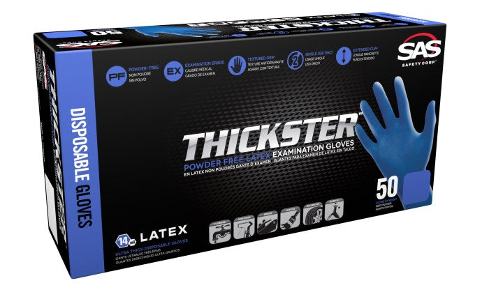 THICKSTER Latex Exam Grade Disposable Gloves, Blue, 14 mil, 50 Gloves per Box