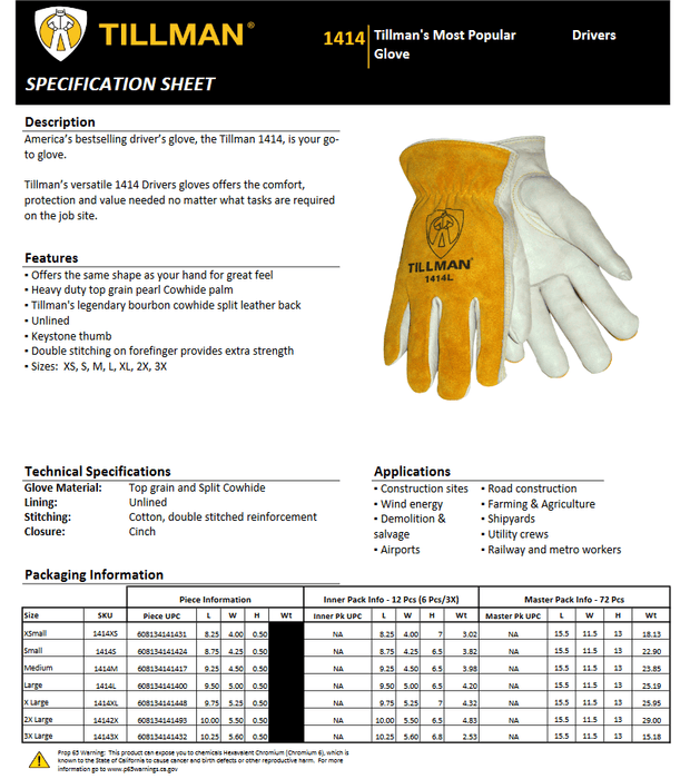 Tillman 1414 Top Grain/Split Cowhide Back Leather Drivers Glove - BHP Safety Products