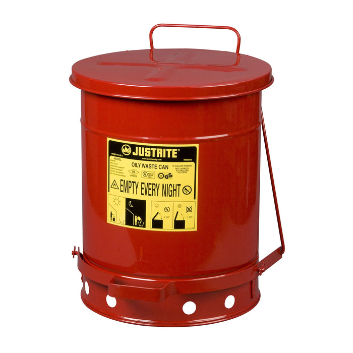 Justrite 09300 Oily Waste Can, 10 gallon, Foot-Operated Self-Closing Cover, Red