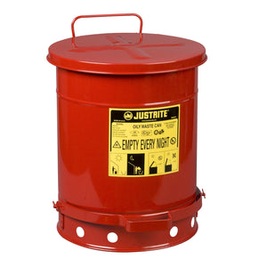 Justrite 09300 Oily Waste Can, 10 gallon, Foot-Operated Self-Closing Cover, Red