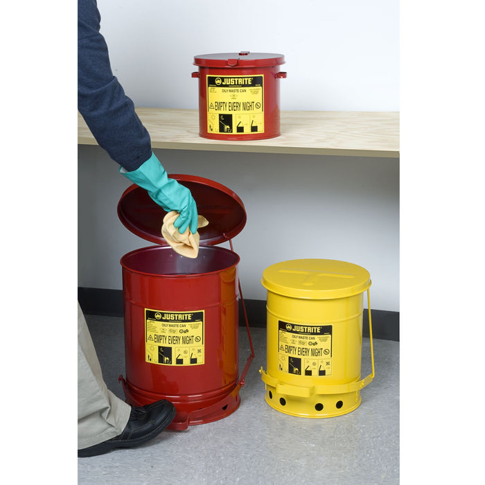 Justrite 09700 Oily Waste Can, 21 Gallon, Foot-Operated Self-Closing Cover, Red