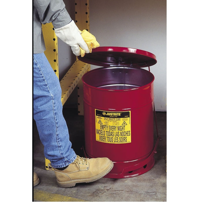 Justrite 09300 Oily Waste Can, 10 gallon, Foot-Operated Self-Closing Cover, Red