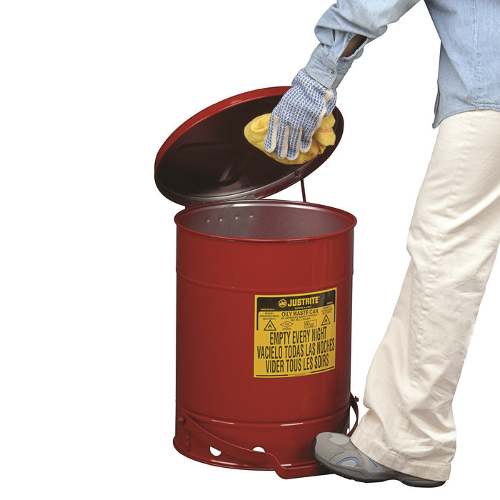 Justrite 09300 Oily Waste Can, 10 gallon, Foot-Operated Self-Closing Cover, Red