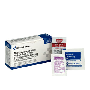 12-055 Antiseptic Pack - 30 Alcohol Wipes, 6 First Aid Burn Cream Packets and 6 Triple Antibiotic Ointment Packets
