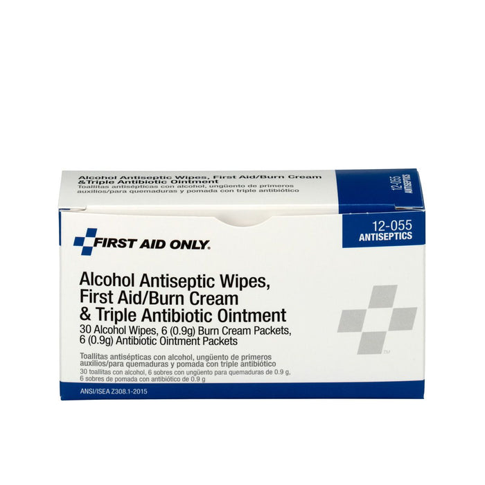 12-055 Antiseptic Pack - 30 Alcohol Wipes, 6 First Aid Burn Cream Packets and 6 Triple Antibiotic Ointment Packets