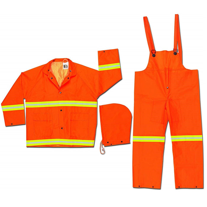 Luminator, PVC/Polyester 3 Piece Suit, Detachable Hood, Snap Front, Fluorescent Orange w/Lime Silver Stripes, 2013R