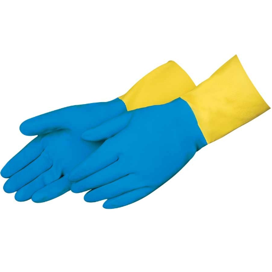 Liberty 2570SP Neoprene/Latex Liquid Proof Unsupported Glove with Flock line, Chemical Resistant, 28 mil Thickness, 13" Length, Blue/Yellow (Pack of 12)