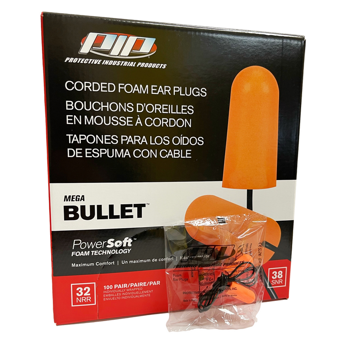 PIP Mega Bullet Disposable Soft Polyurethane Foam Ear Plugs, Corded - NRR 32 - 100 Pair/Box