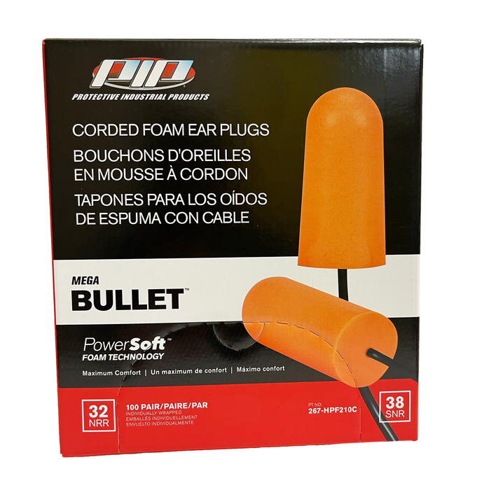 PIP Mega Bullet Disposable Soft Polyurethane Foam Ear Plugs, Corded - NRR 32 - 100 Pair/Box
