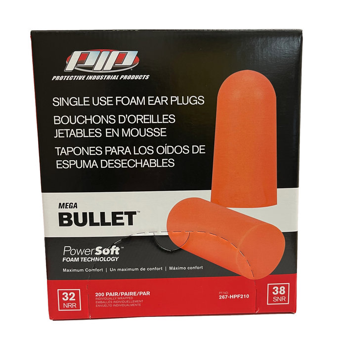 PIP Mega Bullet Disposable Soft Polyurethane Foam Ear Plugs, Uncorded - NRR 32 - 200 Pair/Box