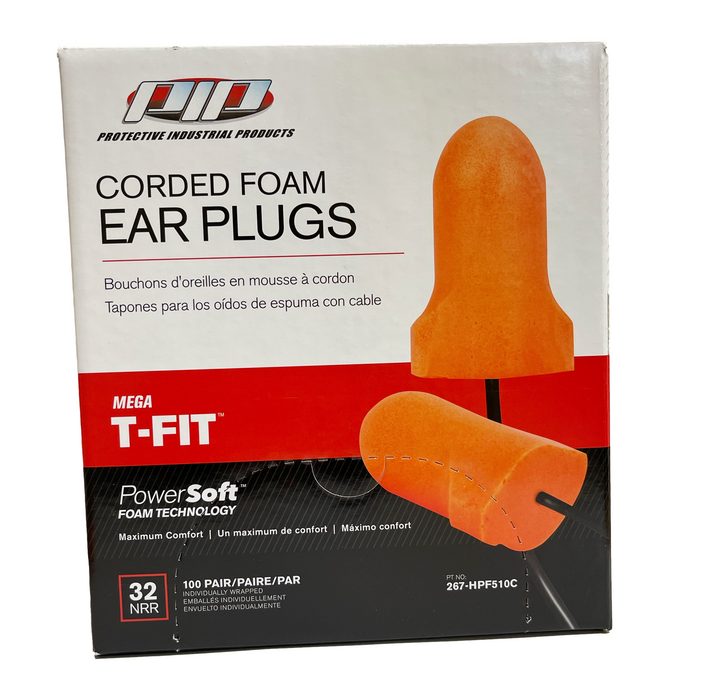 PIP Mega T-Fit T-Shape Disposable Soft Polyurethane Foam Ear Plugs, Corded - NRR 32 - 100 Pair/Box