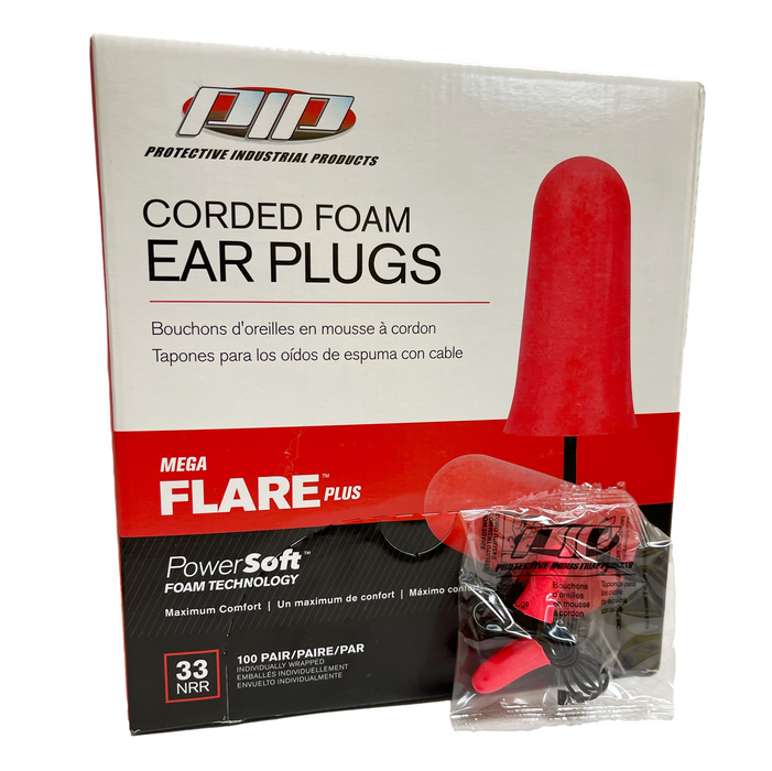 PIP Mega Flare Plus Disposable Soft Polyurethane Foam Ear Plugs, Corded - NRR 33 - 100 Pair/Box