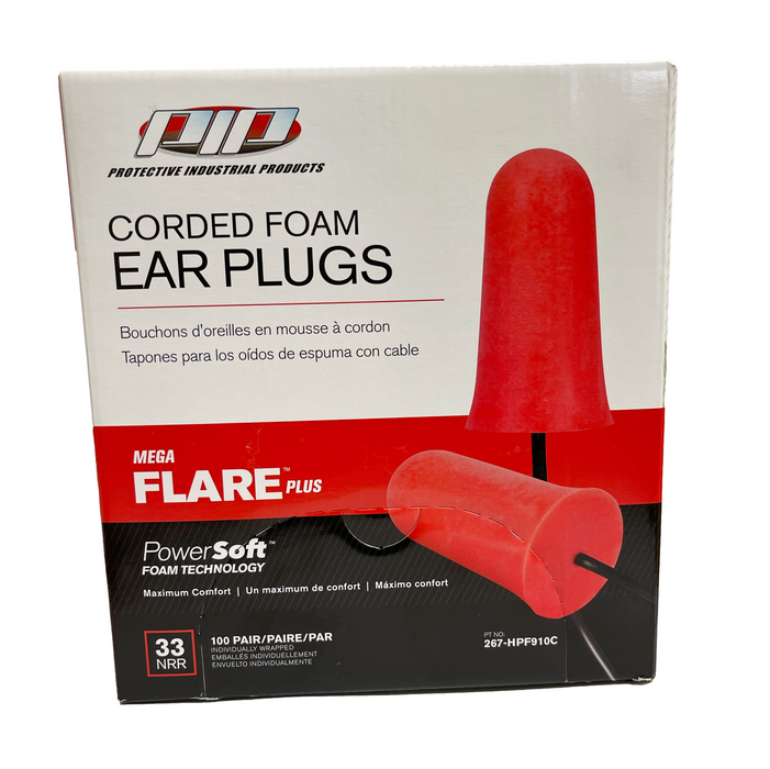 PIP Mega Flare Plus Disposable Soft Polyurethane Foam Ear Plugs, Corded - NRR 33 - 100 Pair/Box