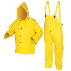 MCR Safety PVC/Nylon 3 Piece Suit, Detachable Hood, Snap Front Jacket and Bib Pants, Yellow, 3003