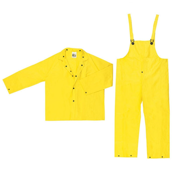MCR Safety PVC/Nylon 3 Piece Suit, Detachable Hood, Snap Front Jacket and Bib Pants, Yellow, 3003