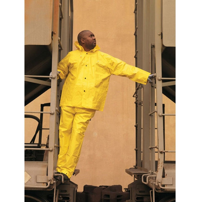 MCR Safety PVC/Nylon 3 Piece Suit, Detachable Hood, Snap Front Jacket and Bib Pants, Yellow, 3003