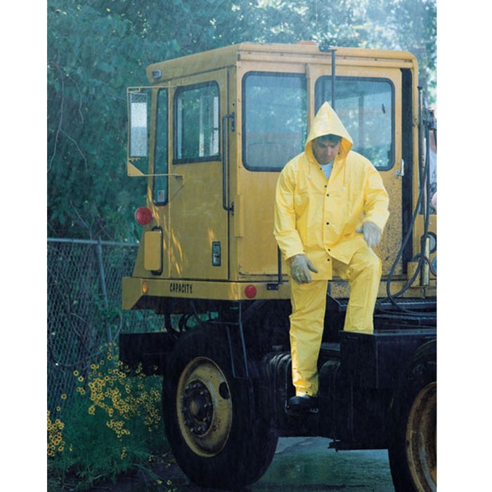 MCR Safety PVC/Nylon 3 Piece Suit, Detachable Hood, Snap Front Jacket and Bib Pants, Yellow, 3003