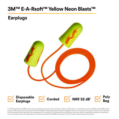 3M E-A-R Yellow Neon Blasts Earplugs 311-1252, Corded, 100 Pair / Box