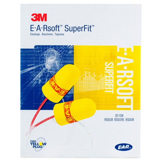 3M E-A-Rsoft SuperFit Earplugs 311-1254, Corded, NRR (Noise Reduction Rating) 33 Decibels, 200 Pair/Box