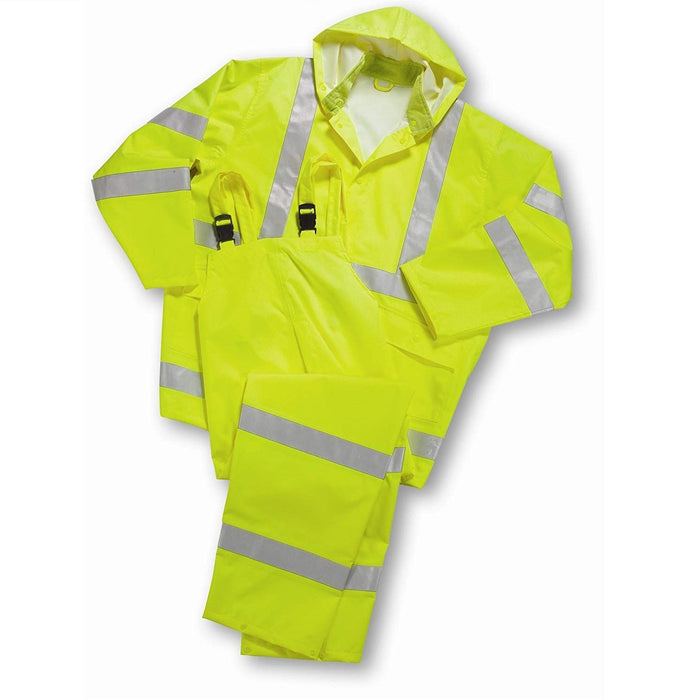 Hi-Vis Rainsuit Lime Green 3 PC, ANSI Class 3, Jacket with removable Hood and Overalls