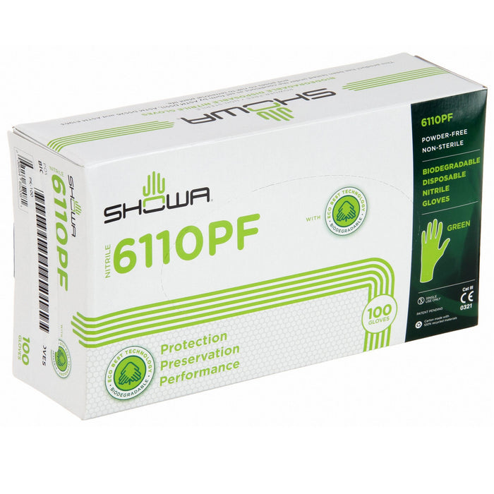 Showa 6110PF Green Nitrile Biodegradable Exam Gloves, 4 Mil, Box of 100