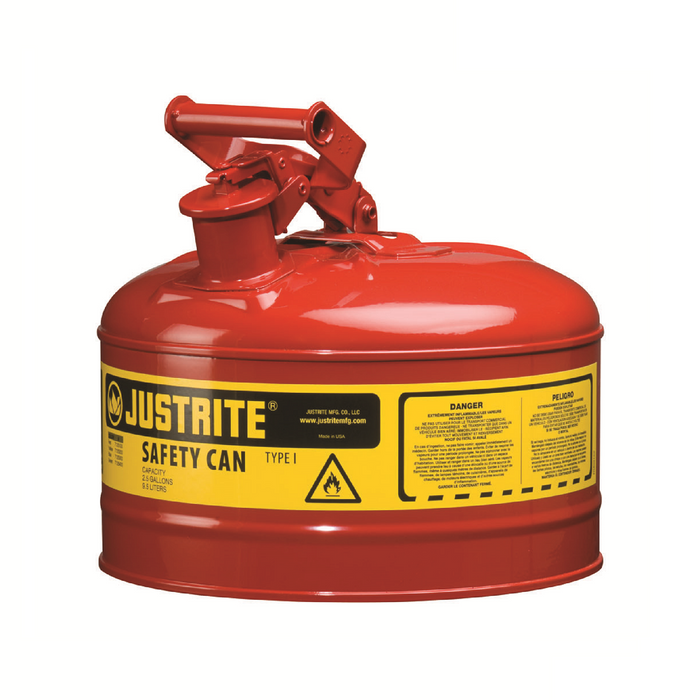 Justrite 7125100 Type I Steel Safety Can for Flammables, 2.5 Gallon, Red