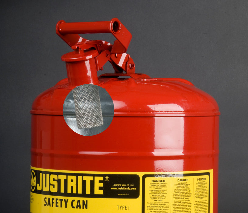 Justrite 7150100 Type I Steel Safety Can for Flammables, 5 gallon, Red