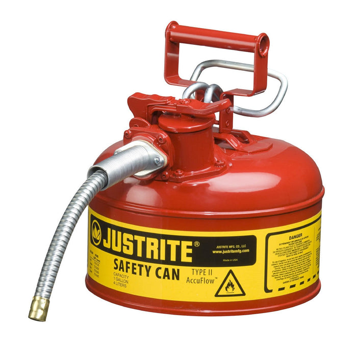 Justrite 7210120 Type II AccuFlow Steel Safety Can for Oil, 1 Gallon, 5/8" Metal Hose, Red