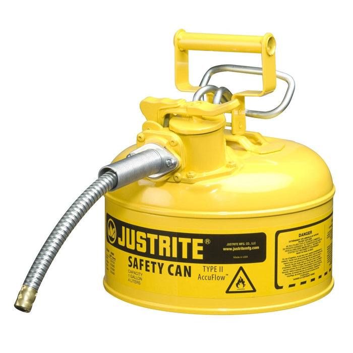 Justrite 7210220 Type II AccuFlow Steel Safety Can for Diesel, 1 Gallon, 5/8" Metal Hose, Yellow