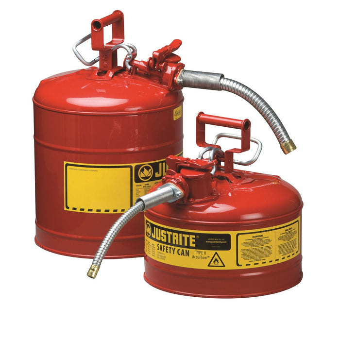 Justrite 7250130 Type II AccuFlow Steel Safety Can for Flammables, 5 Gallon, 1-Inch Metal Hose, Red