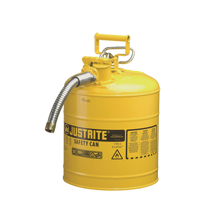 Justrite 7250230 Type II AccuFlow Steel Safety Can for Flammables, Diesel, 5 Gallon, 1-Inch Metal Hose, Yellow