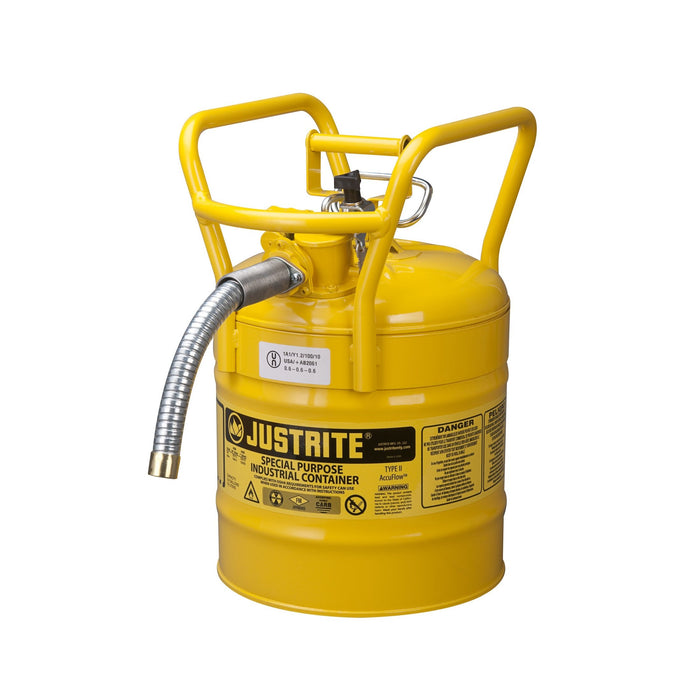 Justrite 7350230 Type II AccuFlow D.O.T. Steel Safety Can, 5 Gallon, 1-Inch Metal Hose, Roll Bars, Yellow