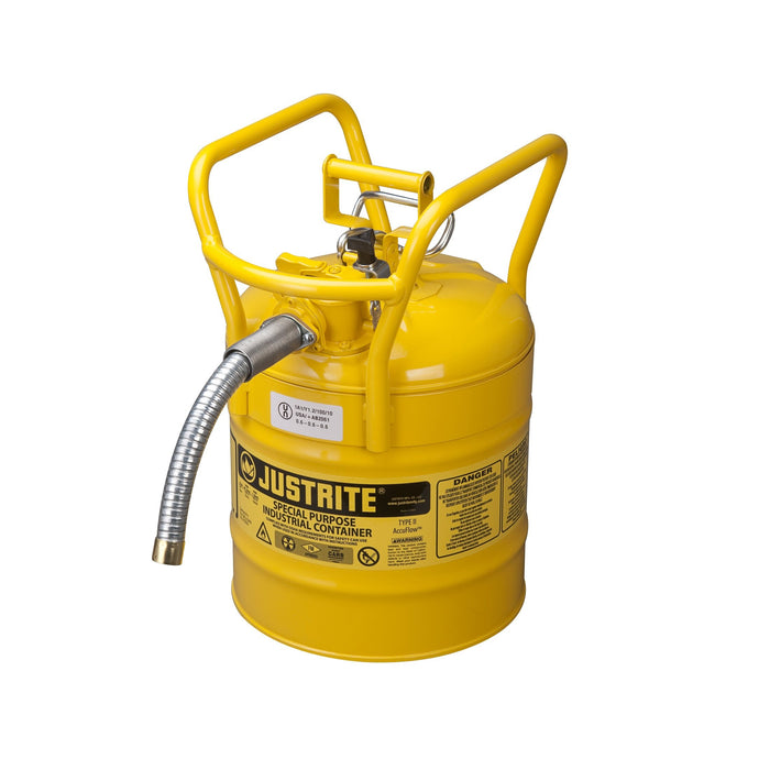 Justrite 7350230 Type II AccuFlow D.O.T. Steel Safety Can, 5 Gallon, 1-Inch Metal Hose, Roll Bars, Yellow